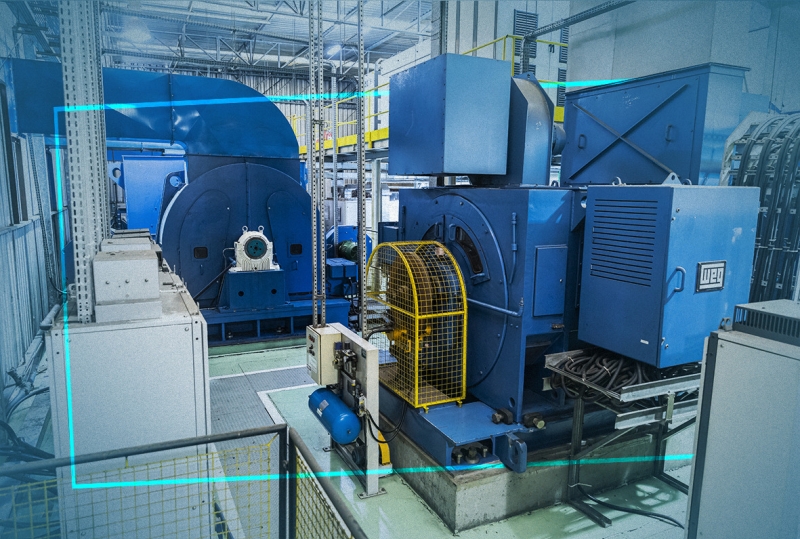 Industrial motor installation featuring WEG W60 electric motor in a manufacturing facility, showcasing heavy-duty equipment.
