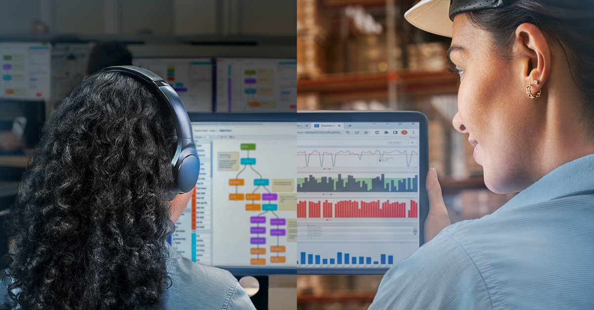 Split-screen view of two professionals analyzing motor performance data on computer and tablet screens, highlighting real-time analytics and industrial automation insights.