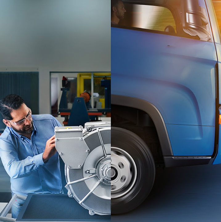 Engineer inspecting an electric motor alongside an image of a vehicle, symbolizing industrial motor applications in mobility and automation.