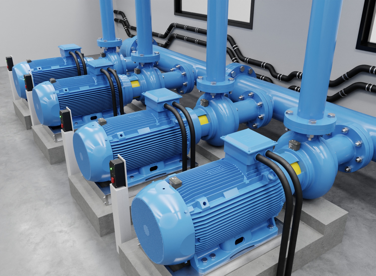 NP-efficiency electric motors installed in a row alongside motor control boxes.