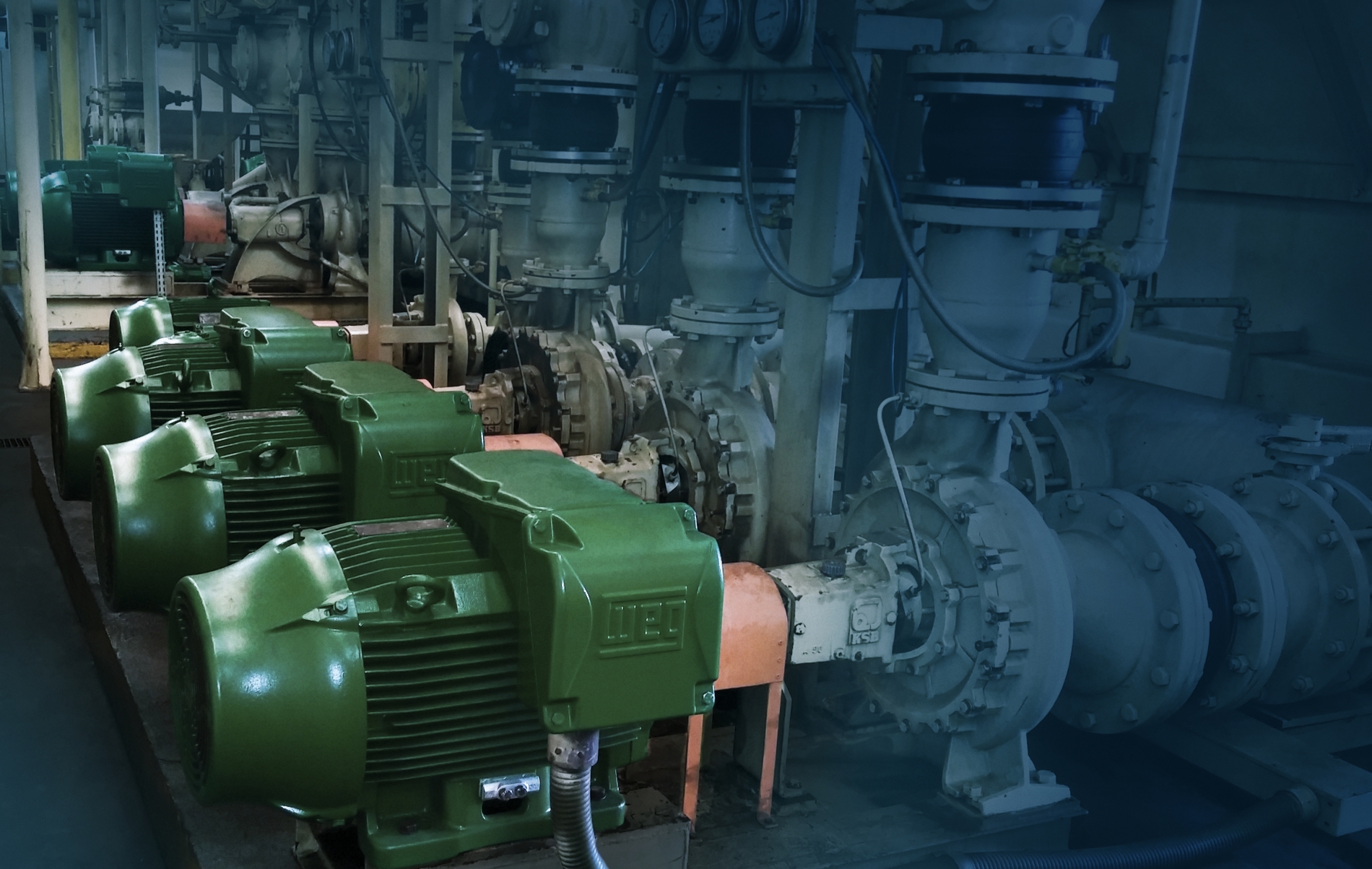 Green industrial WEG motors aligned in a row, powering pumps and piping inside a large machinery room.