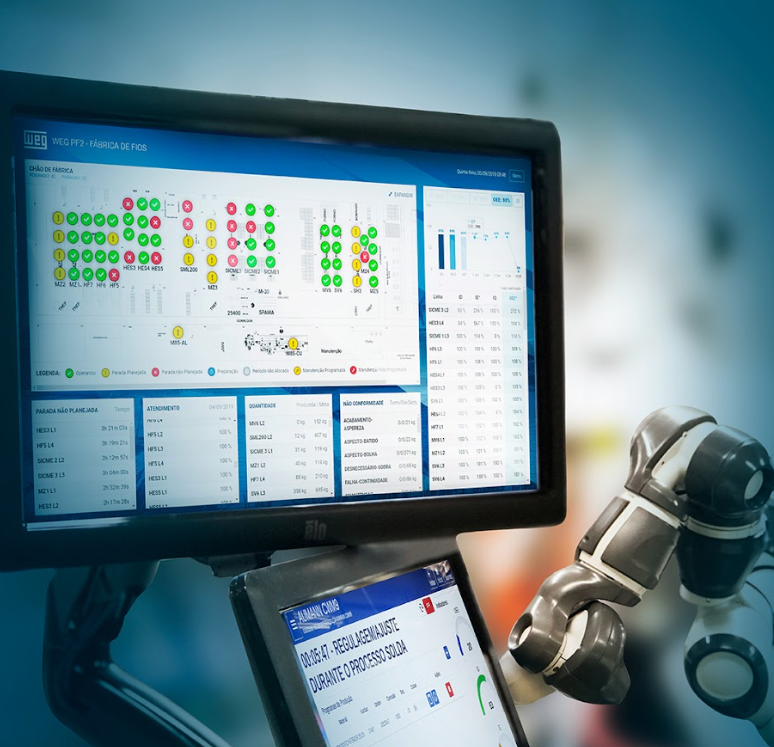 Smart electric motor system interface displaying real-time energy monitoring and diagnostics in a manufacturing facility.