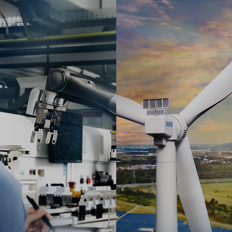 Dual image of a wind turbine and a robotic arm, representing sustainable energy and automation technologies in modern industrial applications.