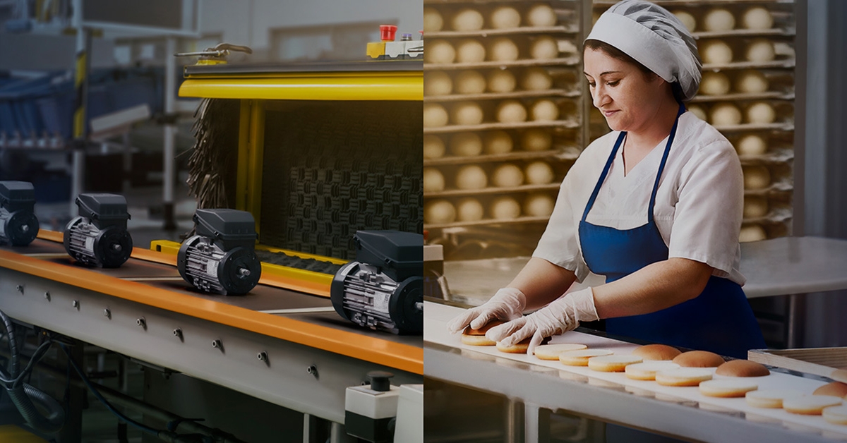 Industrial automation conveyor belt powered by motors in a food production line, alongside a worker handling baked goods.