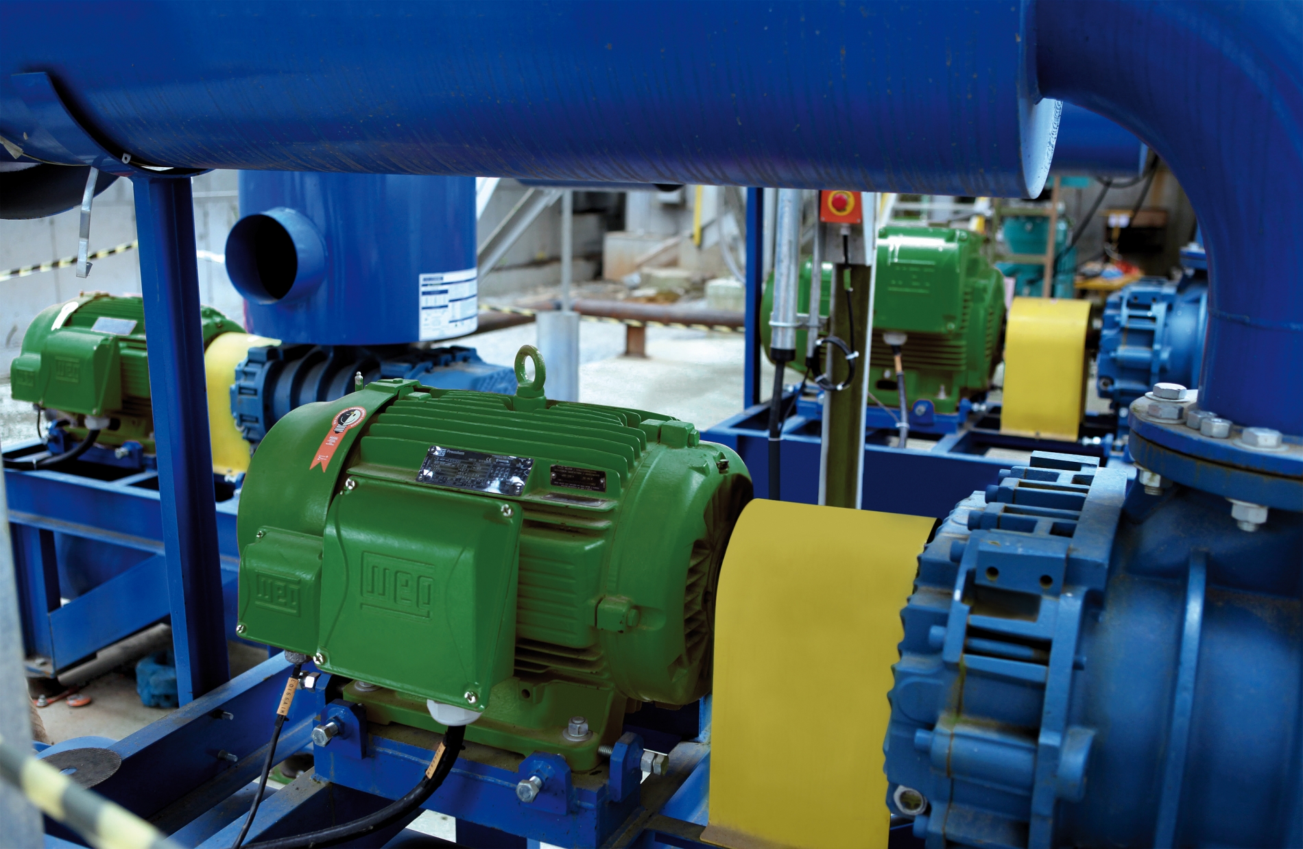 Green WEG electric motors powering industrial pump systems in a manufacturing facility.