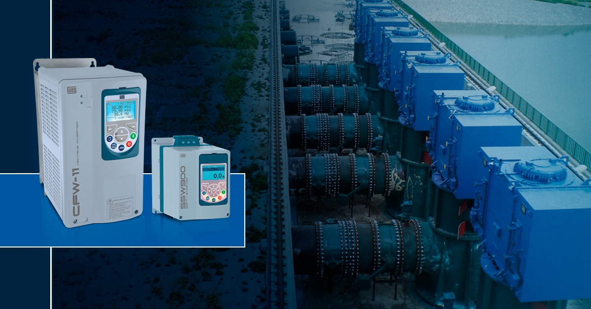 WEG CFW11 variable frequency drive and SSW900 soft starter displayed with industrial motor control equipment in a large-scale automation setup.