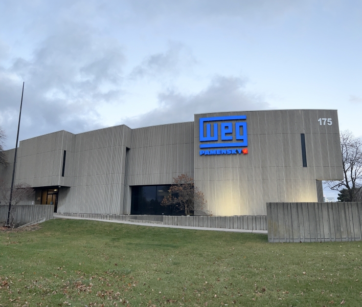 Exterior view of V.J. Pamensky's new Toronto headquarters at 175 Gordon Baker Road, featuring the prominently displayed WEG logo and modern architectural design.