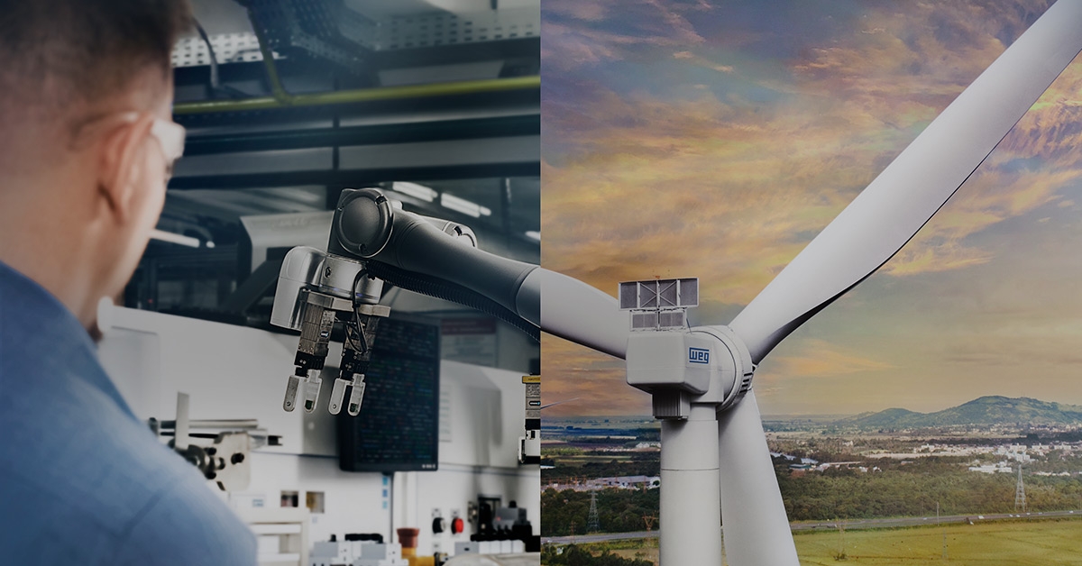 A robotic arm in a lab and a WEG wind turbine in a scenic landscape, symbolizing innovation and sustainability.